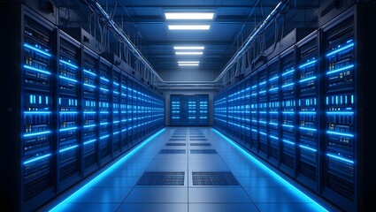 Fototapeta premium Dark colorful servers center room with computers and storage systems.