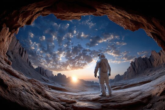 Fototapeta Astronaut Contemplates Alien Sunrise From Rocky Cave Entrance