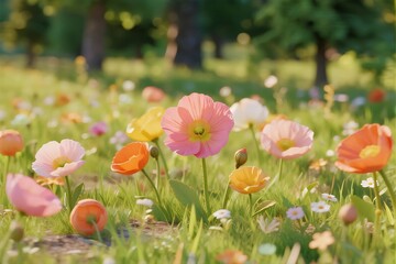 Vibrant Wildflowers Blooming in Lush Green Meadow Under Sunlight