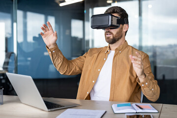 A modern office setting where a man experiences virtual reality using advanced headset technology....
