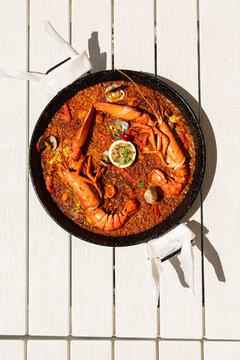 a paella on a table