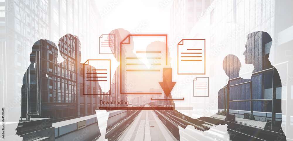 Poster visual representation of digital document downloading, showing file transfer, data access, and progr
