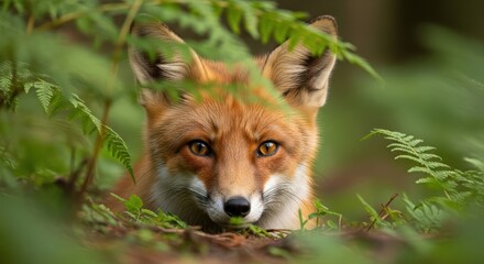 Curious red fox peering through lush green ferns in natural habitat