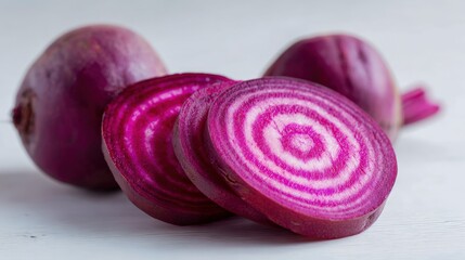 Fresh Beetroot Composition: Sliced and Whole, Displaying Vibrant Purple and White Rings on White Surface