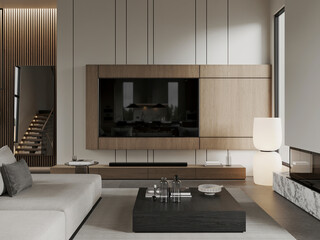 Elegant living room with wall-mounted TV, wooden paneling, and neutral-toned furniture in a modern minimalist style.