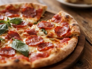 Delicious Pepperoni Pizza with Fresh Basil Leaves on Wooden Board