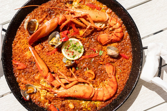 a paella on a table