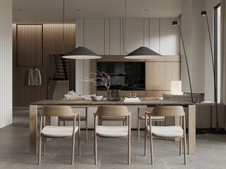 Modern dining room with wooden furniture, minimalist decor, and pendant lighting in a contemporary open-plan home.