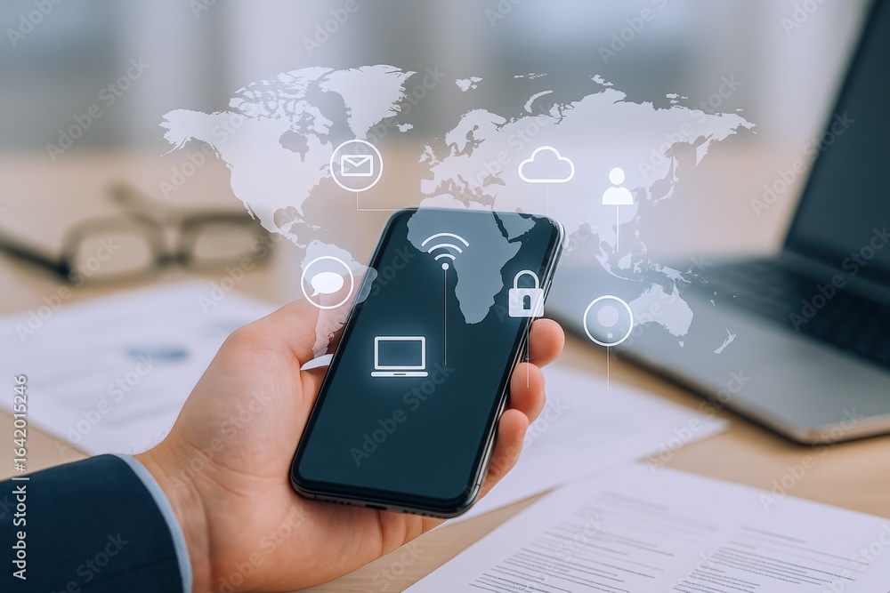 Poster global connectivity: a smartphone displaying worldwide communication and security icons, ideal for b