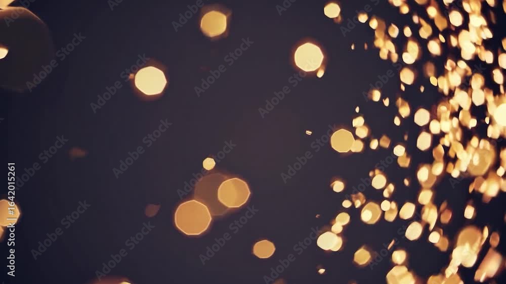 Poster glimmering golden particles drifting softly across dark shadowy space, generating ethereal motion wi