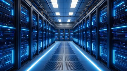 Obraz premium Dark colorful servers center room with computers and storage systems.