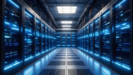 Dark colorful servers center room with computers and storage systems.