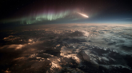 Fototapeta premium Aurora and Meteor Over Frozen Peaks