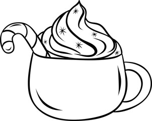 Christmas hot cocoa with whipped cream, decorated with a striped cane lollipop, Christmas drinks, simple vector black and white icon, doodle and sketch style
