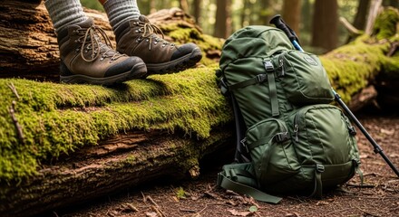 Hiking in forest with green backpack and boots on mossy log