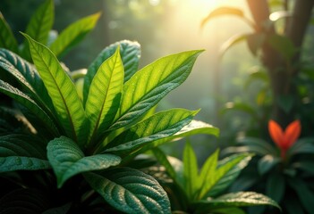 Obraz premium vibrant tropical leaves dew drops glistening sunlight lush green jungle vibrancy freshness nature beauty, flora, textures, leaf, water, glossy, exotic, branch