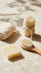 Fototapeta premium Essential Bathroom Products Including Soap, Loofah, and Brush