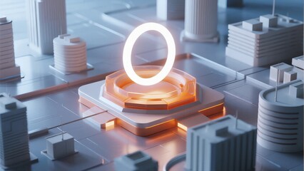 Futuristic Cityscape with Glowing Circular Interface