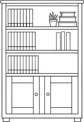 Outline of a home bookcase filled with books and a plant, ready for coloring and customization