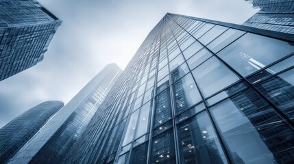 Fototapeta premium Modern Glass Skyscraper Exterior Against Sky: Commercial Real Estate, Urban Development, Financial District Architecture