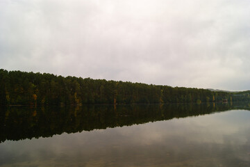 Calm lake reflects an overcast sky and surrounding trees in a serene landscape near a forested area during fall