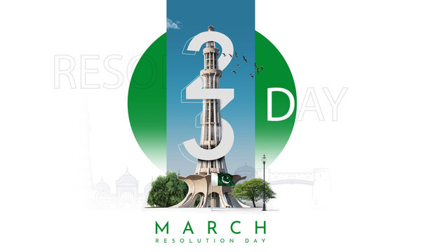 This image is a minimalist and patriotic tribute to Pakistan Resolution Day, celebrated on the 23rd of March. It features a stylized representation of the Minar-e-Pakistan in Lahore.