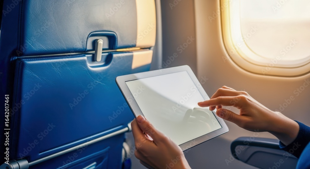 Poster tablet use on airplane: passenger enjoying entertainment during flight with window view