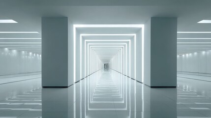Obraz premium Abstract White Interior with a Glowing Rectangular Tunnel Effect, Futuristic Architecture, Hallway Perspective