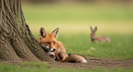 Fox resting against tree with rabbit in background in peaceful meadow
