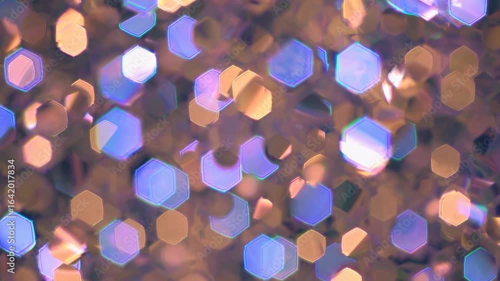 Poster purple gold hexagonal bokeh illuminating festive environment, presenting glamorous glittering effect
