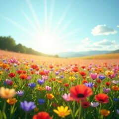 Obraz premium vibrant wildflower fields under clear blue sky floral bliss colorful nature landscape petals sunshine serenity, plant, meadow, blossom, garden, spring, scenery, view