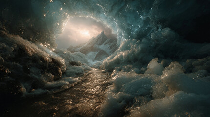 Obraz premium Glacial Ice Cave Opening to Rugged Mountains