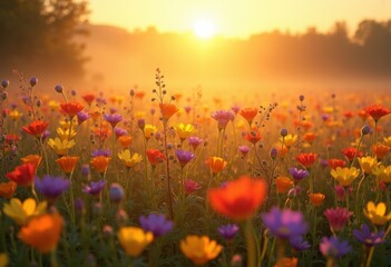 Fototapeta premium vibrant wildflower fields under radiant sunrise skies blooming color life, rainbow, lgbtq, lgbt, pride, colorful, love, equality, sky, blossom, landscape