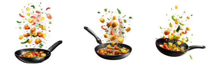 Three images of vegetables being tossed in a frying pan, isolated on transparent background