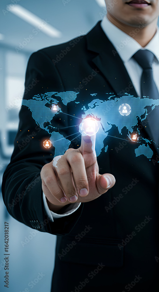 Aufkleber businessman in suit touching a virtual world map interface with network connection icons. concept of