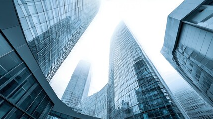 Modern Architecture: Low Angle View of Skyscrapers with Glass Facades in an Urban Financial District