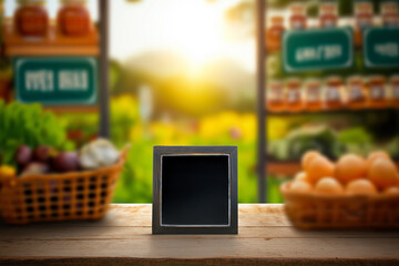 Blank Sign in the middle of a market stall with fruits and vegetables