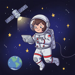 Young child in a space suit, floating in outer space, using a tablet device, surrounded by stars and a distant planet, showcasing the wonder of exploration and technology