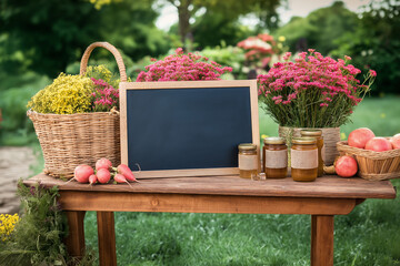 Blank Sign, Blank Chalkboard at Farmers Market Stand Selling Honey and Flowers 