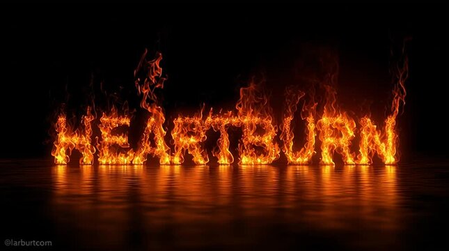 Heartburn - flaming title, word text blaze as flaming letters, fiery animation, smoke rises, black background; animated text graphics. Acid reflux - widescreen.