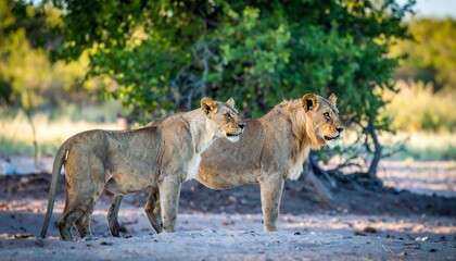 Naklejka premium Two lions stand in savanna
