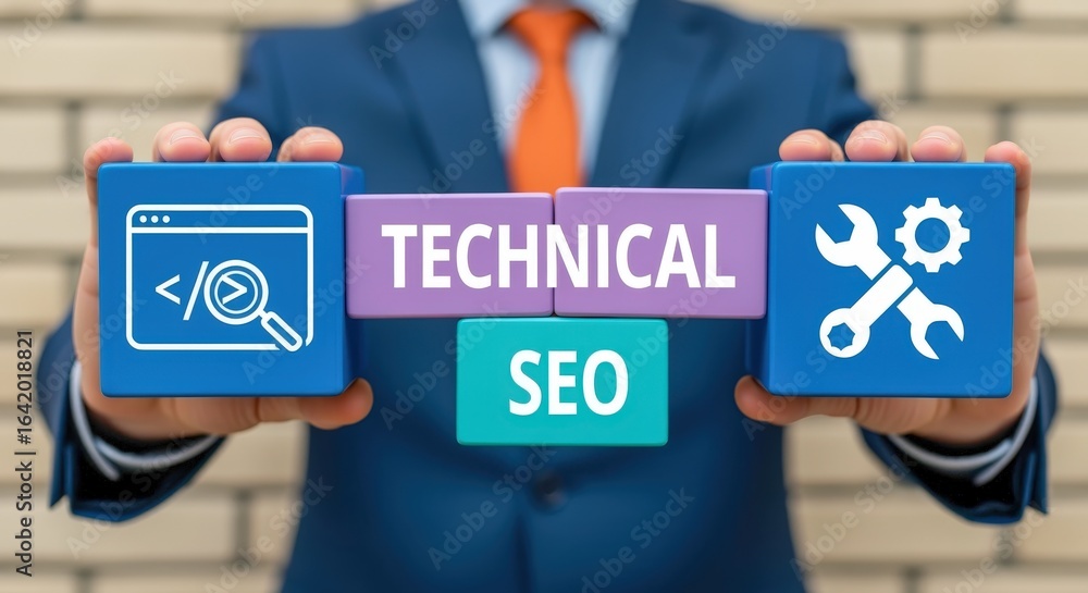Poster technical seo concept presented with blocks, professional man in background shows optimization theme