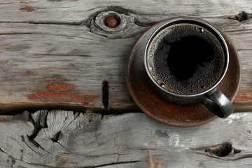 Hot cup of coffee on a wooden table