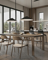 Contemporary dining area with wooden chairs, dark dining table, and large windows offering natural light and forest views.