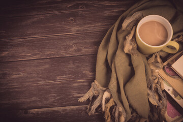 Comfy Cozy Cup of Coffee on a Wood Table with Blank Space 