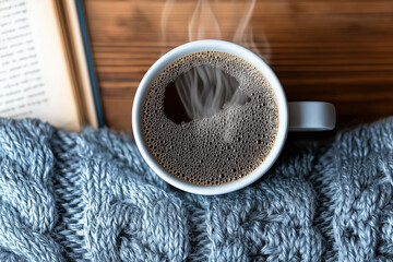 cup of coffee on wooden table next to a reading book