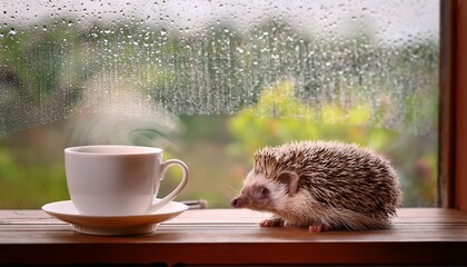rainy day serenity hedgehog and tea by the window