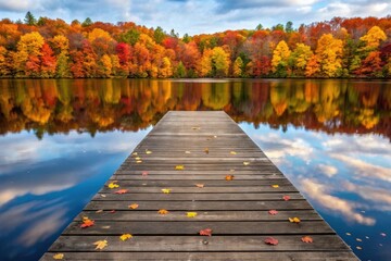 Wooden dock leads to vibrant autumn forest reflected in calm lake
