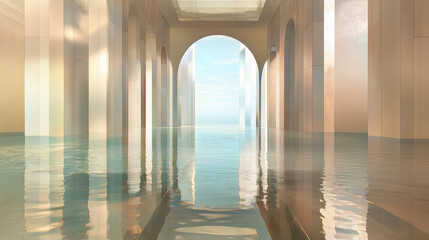 Fototapeta premium Minimalist architectural hallway with arched entrance and reflective water surface under soft natural light