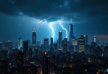 Fototapeta premium vivid lightning strike dramatic city skyline nightscape electric atmosphere, building, clouds, lighting, architecture, urban, alley, skyscraper